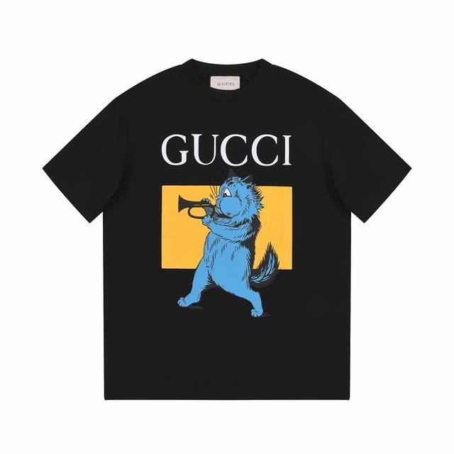 8853# Gucci 古驰 25Ss G创星说 春夏新款猫咪吹喇叭复古风格图案印花短袖，胸前猫咪字母印花+高端精梳棉洗水处理 1:1高品质 是一款高工艺T恤单