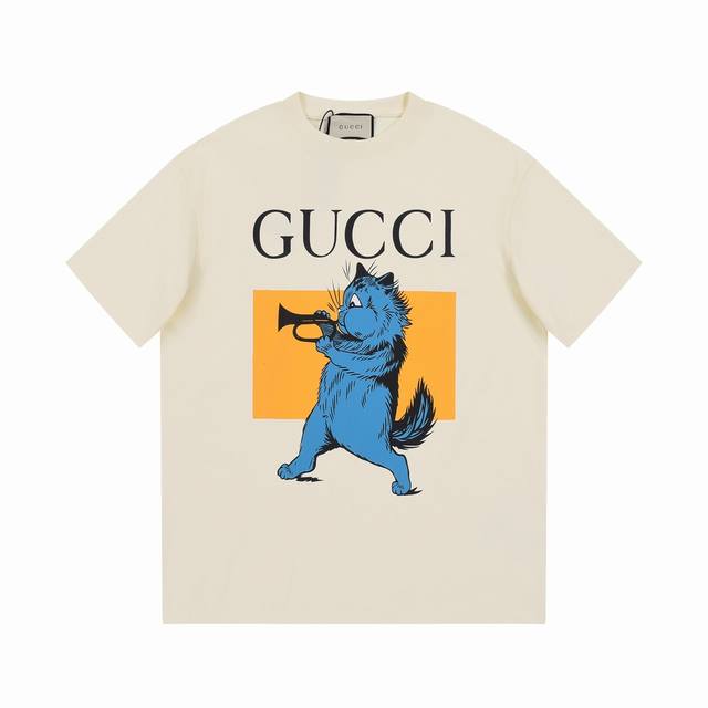 8853# Gucci 古驰 25Ss G创星说 春夏新款猫咪吹喇叭复古风格图案印花短袖，胸前猫咪字母印花+高端精梳棉洗水处理 1:1高品质 是一款高工艺T恤单