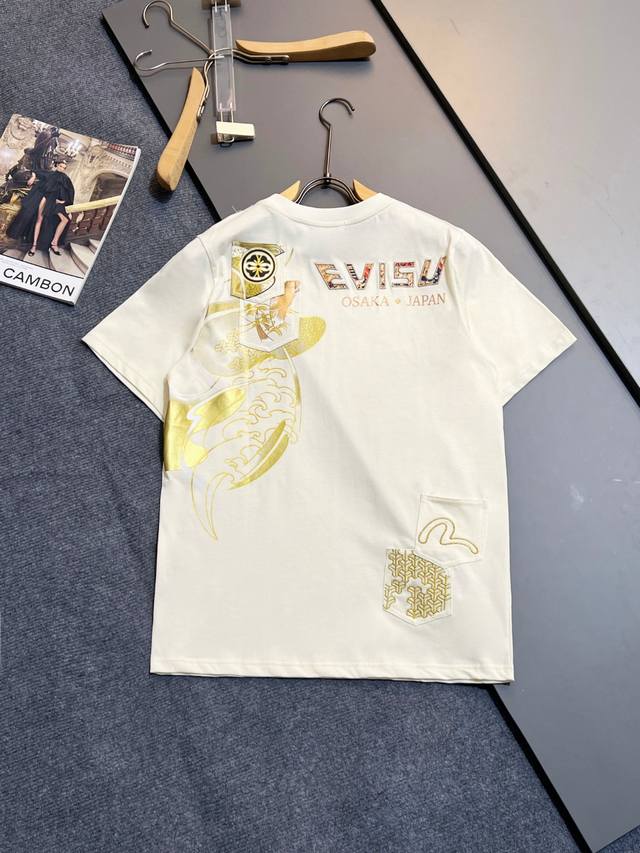 Evisu Ss 多口袋烫金字母印花休闲圆领短袖T恤 男款 可穿到210斤 工艺：金线贴布印花 码数：S-2Xl码 颜色：杏-黑