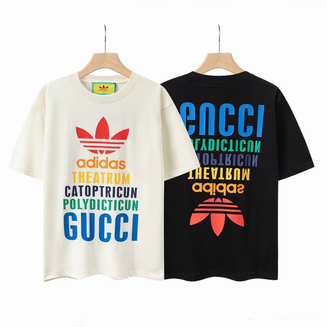 8823# 古驰联名 Gucci联名彩色印花Logo男女同款纯棉圆领T恤 原版面料 官方同款 定制2 克同缸染面料 手感非常舒服 春夏最新砖柜同步 Os落肩版型