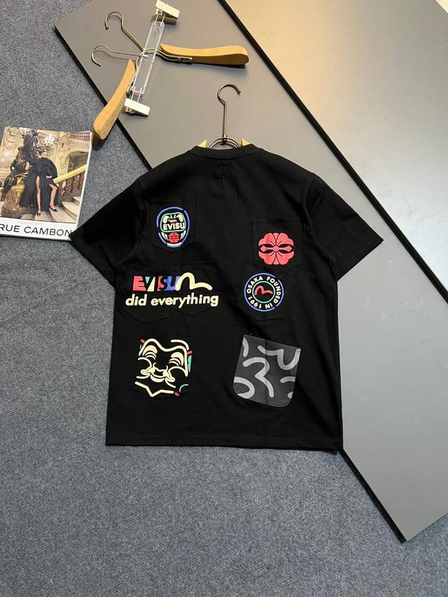 Evisu 2025夏季 佛头和家花印花短袖T恤 男款 可穿到210斤 工艺：立体口袋刺绣印花 码数：S-2Xl码 颜色：白-黑