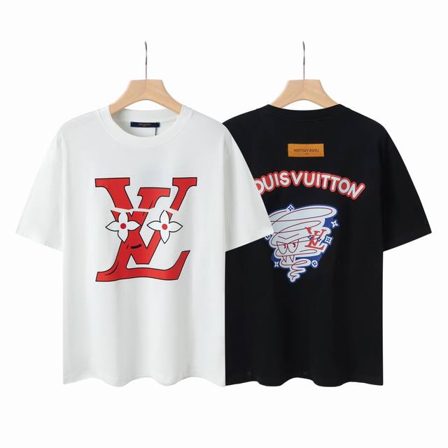6637# Lv 黑白印花男女同款纯棉短袖T恤 原版面料 官方同款 定制2 双股32支双纱纯棉精梳 面料 手感非常舒服 春夏最新砖柜同步 Os落肩版型 时尚又个