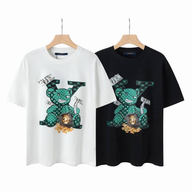 6633# Lv Louis Vuittonbalenciaga路易威登联名巴黎世家秀场限定25Ss暴力老花熊Logo标识印花圆领短袖. 定制2 克同缸染面料