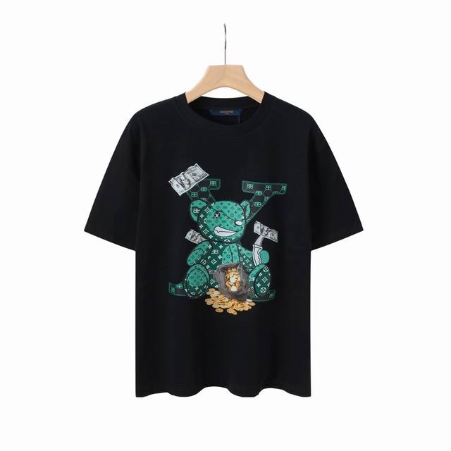 6633# Lv Louis Vuittonbalenciaga路易威登联名巴黎世家秀场限定25Ss暴力老花熊Logo标识印花圆领短袖. 定制2 克同缸染面料
