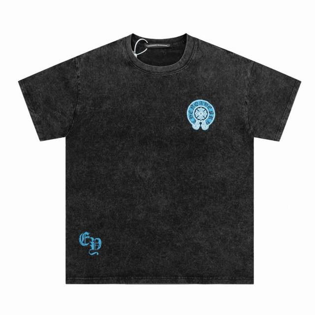 Chrome Hearts Ch 克罗心 25Ss重工 粉蓝 Cp 马蹄Logo 炒色水洗做旧情侣圆领短袖T恤-顶级版本 Color：黑蓝 黑粉 Size：S