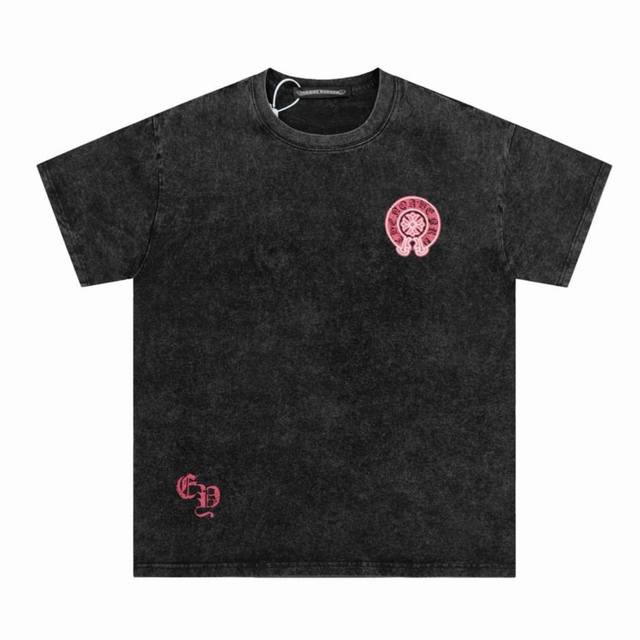 Chrome Hearts Ch 克罗心 25Ss重工 粉蓝 Cp 马蹄Logo 炒色水洗做旧情侣圆领短袖T恤-顶级版本 Color：黑蓝 黑粉 Size：S