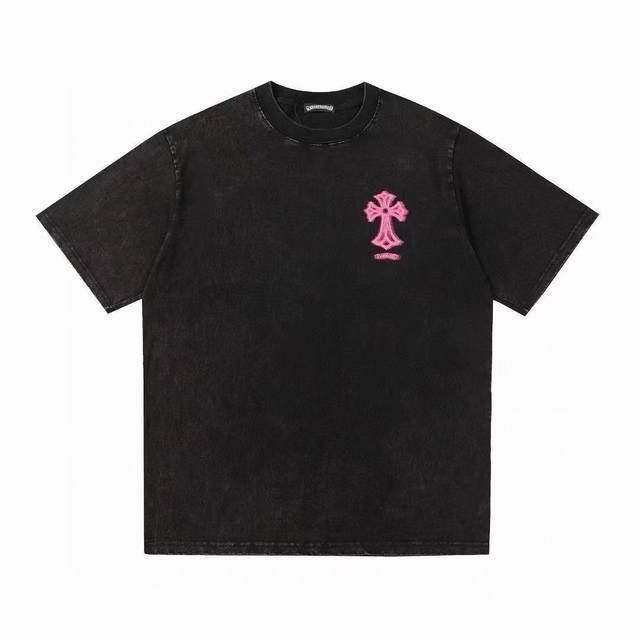 Chrome Hearts Ch 克罗心 25Ss重工 霓虹灯十字架 Logo 炒色水洗做旧情侣圆领短袖T恤-顶级版本 Color：黑黄 黑粉 Size：S M