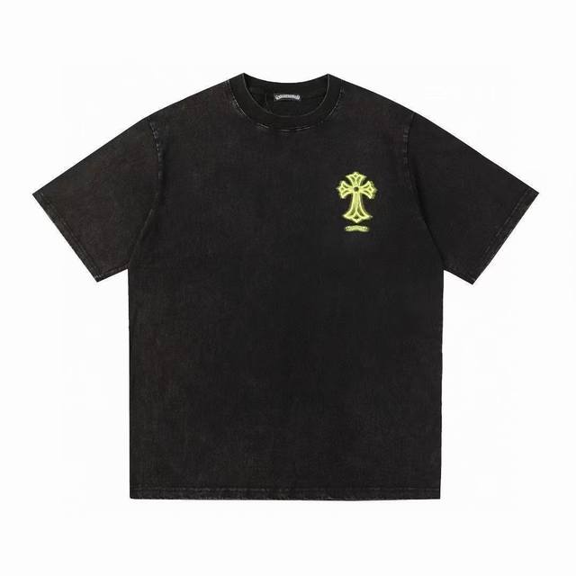 Chrome Hearts Ch 克罗心 25Ss重工 霓虹灯十字架 Logo 炒色水洗做旧情侣圆领短袖T恤-顶级版本 Color：黑黄 黑粉 Size：S M