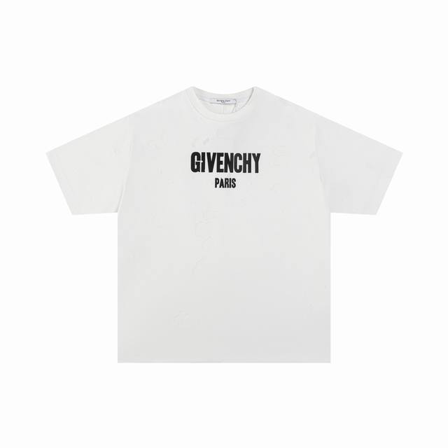 G2841# 顶级版本 纪梵希Givenchy Gvc破洞大字母圆领短袖，康利数码直喷印花，300克纯棉复合面料，同缸同色织染螺纹 颜色一致，专柜同步上新 配套