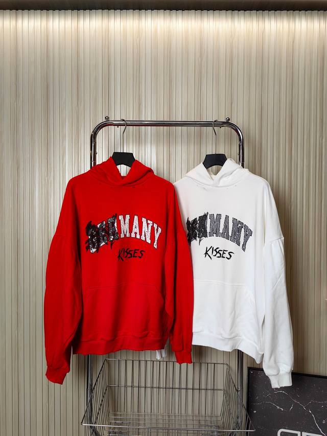 特价 Balenciaga 23Ss巴黎世家连帽卫衣，皲裂印花艺术破坏卫衣，水洗磨破做旧工艺，宽松版型，男女同款 颜色:红 白 码数:Xs S M L 款号:2