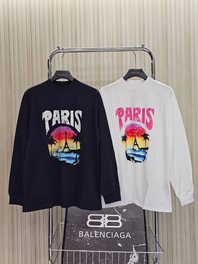 Balenciaga巴黎世家 风景字母印花圆领 落肩长袖T恤 洗水做旧款 宽松版型 颜色: 铁灰 白色 码数: Xs S M L 款号:2477#
