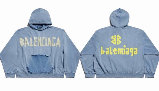 Balenciaga 巴黎世家 秋冬新款 标语Logo美纹黄胶带卫衣，前后字母颜色不一样，帽子领口各处磨破处理 宽松版型 男女同款 颜色:铁灰 白色 兰色 码数