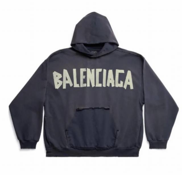Balenciaga 巴黎世家 秋冬新款 标语Logo美纹黄胶带卫衣，前后字母颜色不一样，帽子领口各处磨破处理 宽松版型 男女同款 颜色:铁灰 白色 兰色 码数