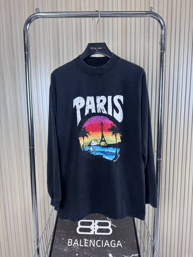 Balenciaga巴黎世家 风景字母印花圆领 落肩长袖T恤 洗水做旧款 宽松版型 颜色: 洗水黑 码数: Xs S M L 款号:2477#