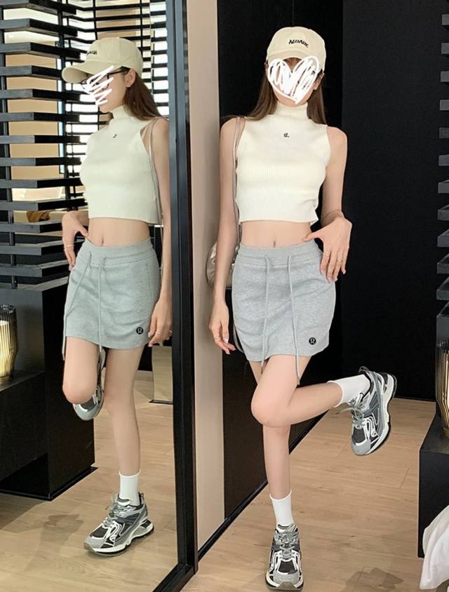 Lulu露露高品质抽绳休闲运动卫裙女夏季防走光高腰A字裙裤辣妹半身包臀裙短裙 ~订制面料非市场通货 采用高密度软软糯米面料 ~立体Pu立体硅胶标高档货 ~完美贴