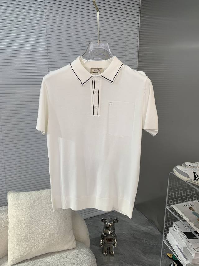 Hermes 爱马仕 拼色领 针织Polo衫 升级，灵感源自八十年代复古 原版面料 官方同款 Polo衫 定制 网纱毛衣针织面料 手感非常舒服 春夏最新砖柜同步