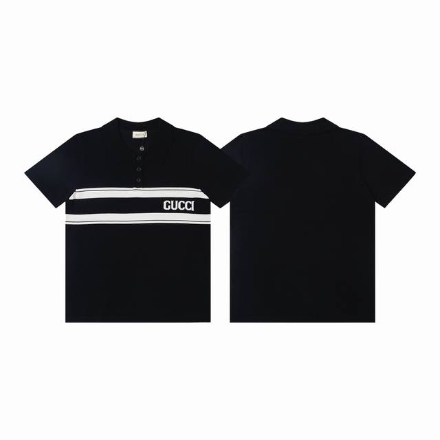 款号：Y182 Gucci 古驰新款商务条纹针织Polo衫短袖男女款 经典简约的小标刺绣设计，商务休闲皆宜，不花哨也不单调，百搭不挑人款 颜色：黑色 吊牌 吊粒