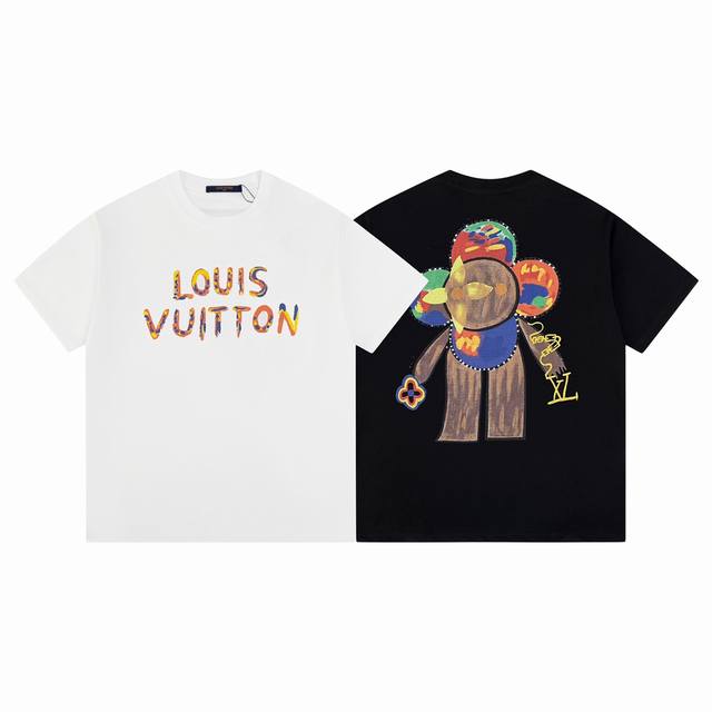 款M132 Lv太阳花 Louis Vuitton 路易威登秀场限定24Ss新款Lv字母后背太阳花白墨数码印花圆领短袖T恤 280重磅纯棉，随意对比 采用特定重
