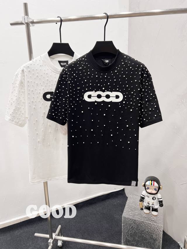 款F55 Good130 市场顶级版本 G Goodbrand散乱珍珠轻奢时尚高级感印花Logo短袖T恤 颜色：白色 黑色 码数：S M L Xl