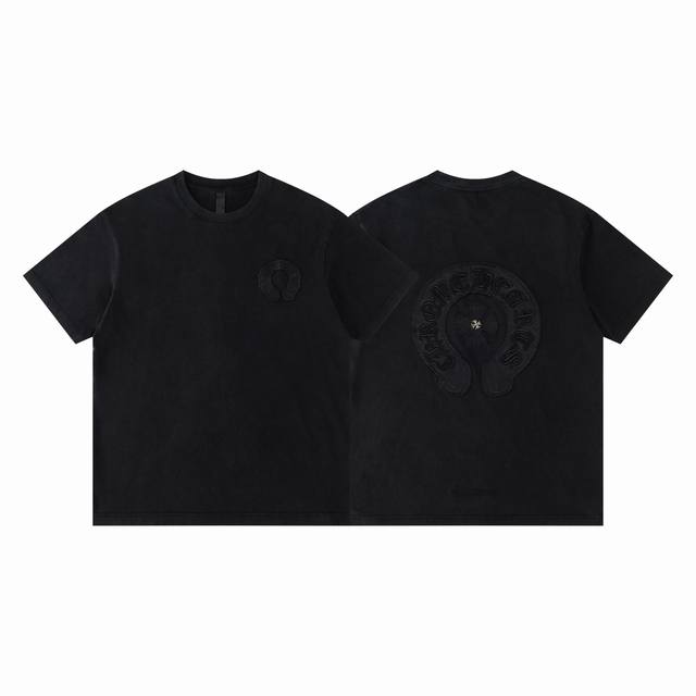 款D35 克罗心 高品质 Chrome Hearts 克罗心 春夏最新基础短袖T恤，重工贴布绣洗水 潮流感十足定染纯棉面料280克，Os版型， 颜色:水洗黑 尺