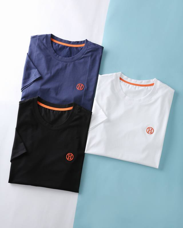 新品 He爱玛* 2025Ss夏季新款，男士经典橙色“H”刺绣标识时尚休闲圆领短袖T恤衫！贸易公司渠道稀出，以其独特的魅力和精致的工艺，成为了夏日衣橱中的必备单
