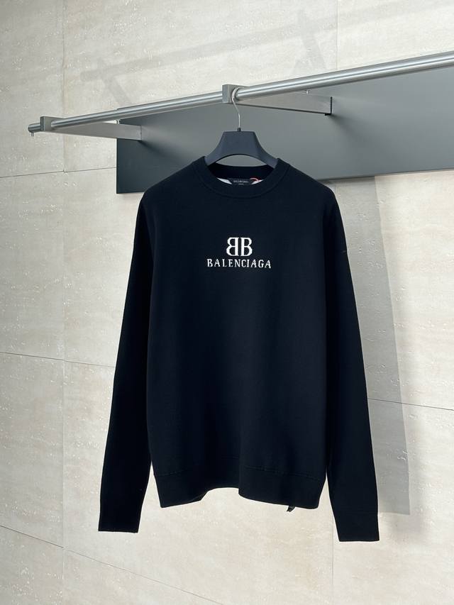 Balenciag* 巴黎Blcg Bb提花针织套头圆领毛衣 臻选羊棉混织奢料 柔软细腻 舒适贴肤 以纯粹之黑为画布 饰白色丝线Bb Balenciaga提花艺