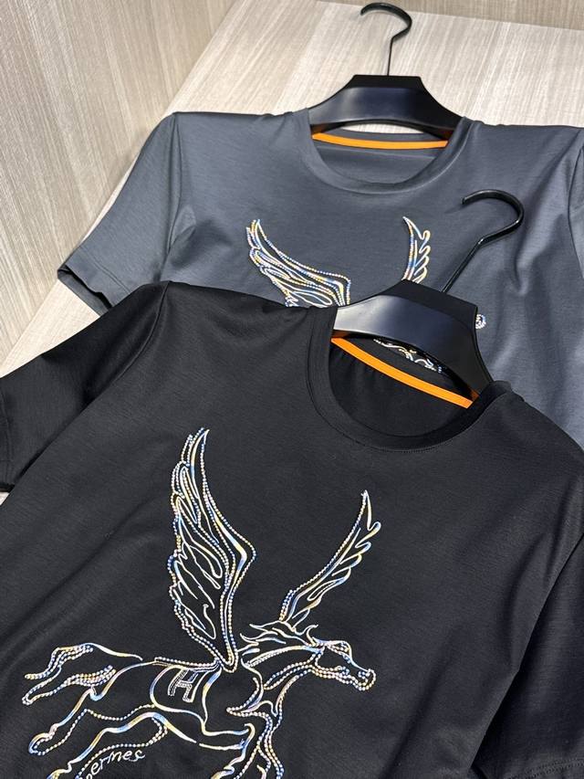 型号Hl117#，爱马家 2025春夏最新大飞马绣花男士圆领T恤衫，胸前极具代表性的大飞马图案，采用高端重工的拱桥绣3D立体绣花工艺，精美五彩线匠心打造，层次感