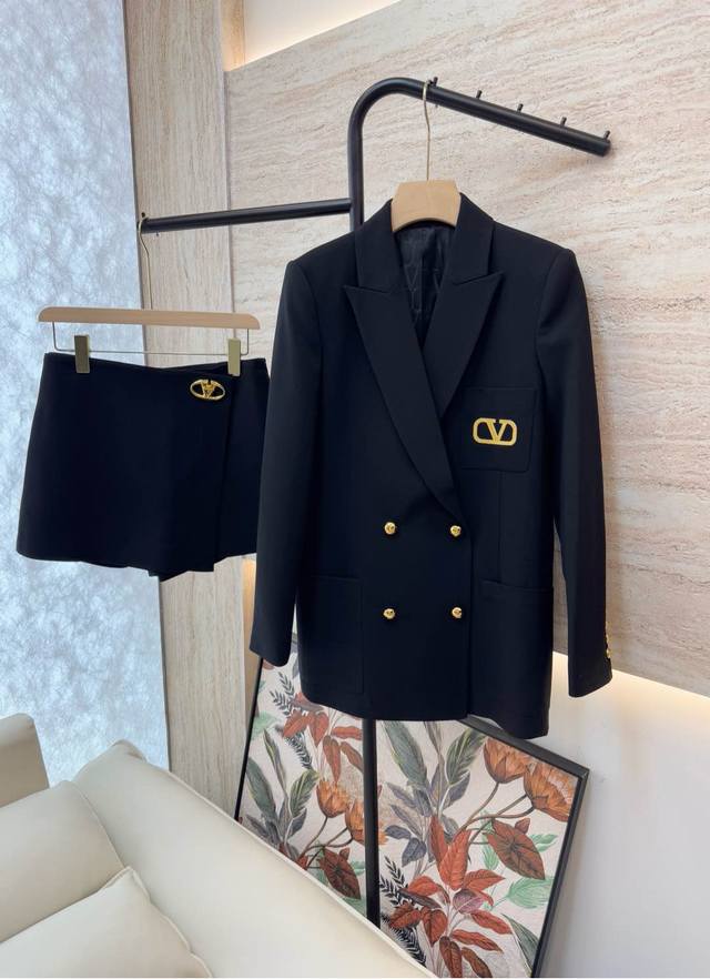 Xz079#新款套装 Val 家金线绣花字母 50%羊毛西装外套半裙套装 黑色 藏青色 Smlxl