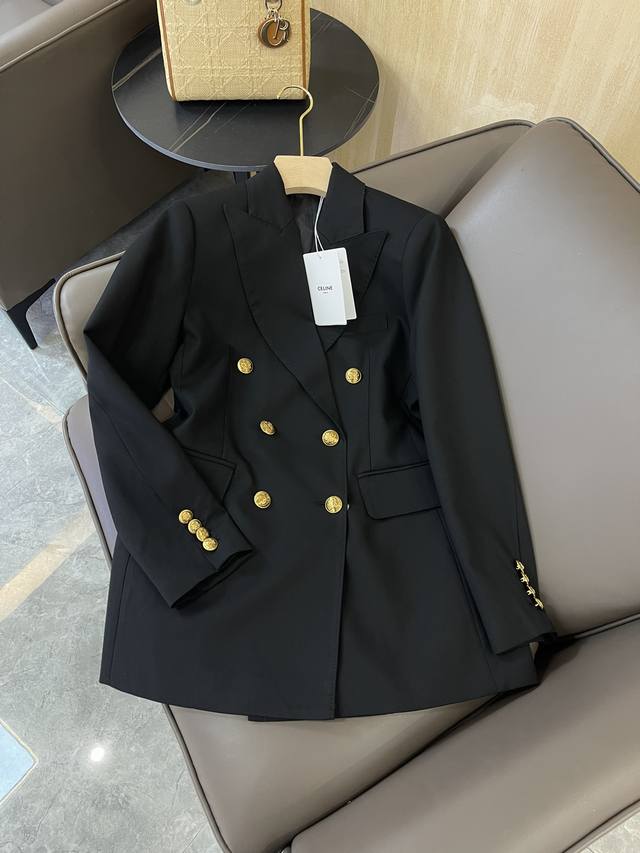 Xz088#新款西装外套 Celine 专柜顶级货 双排金扣 西装外套 黑色 Smlxl