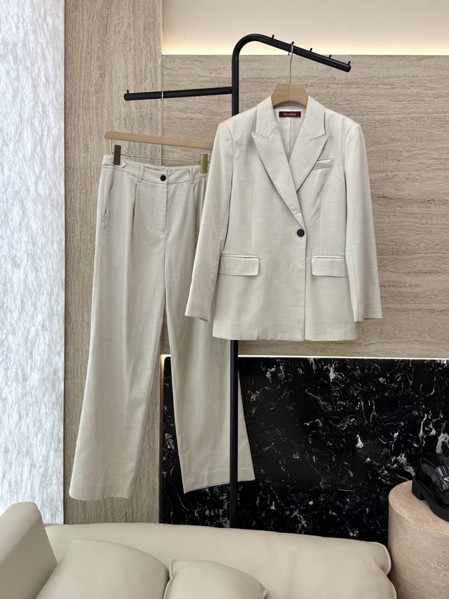 Tf079#新款套装 Max Mara 70% 麻 30% 羊毛 长袖西装外套 长裤 套装 米白色 咖灰色 36 38 40 42