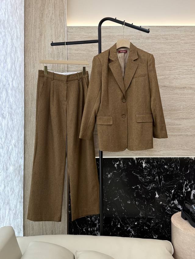 Tf021#新款套装 Max Mara 68%亚麻 32%真丝 长袖西装外套 长裤 套装 焦糖色 藏黑色 36 38 40 42