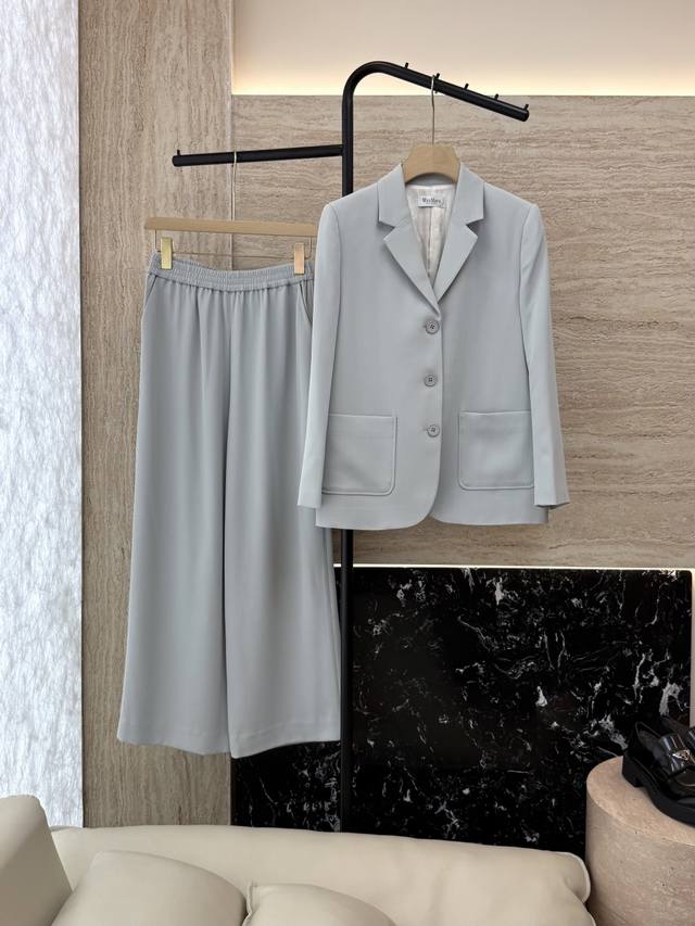 Tf027#新款套装 Max Mara 85% 醋酸长袖西装外套长裤套装 雾霾蓝 36 38 40 42