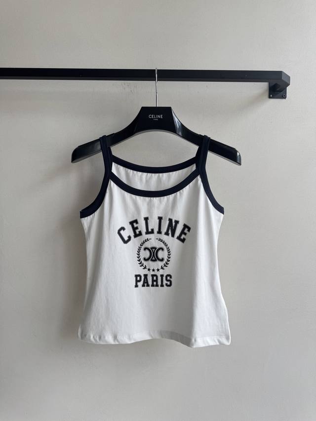 Celin*2025新品细肩吊带背心 全棉材质 质感舒适 弹力透气 细肩吊带背心版型 裁剪简约时髦 通体肩带领口与大身形成碰撞色彩 胸前字母徽标 丰富设计层次
