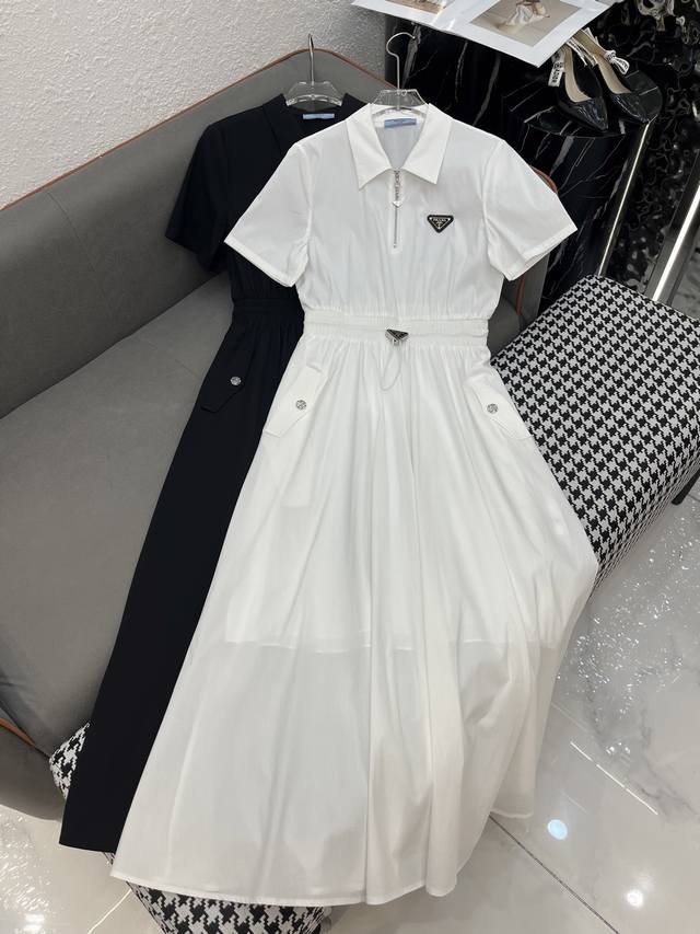 Prad* 25Ss新款翻领连衣裙 三角标装饰 腰间抽绳设计 时尚气质款 两色三码Sml