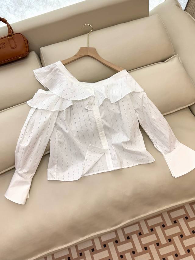 Ym012#特 露肩 条纹印花 长袖衬衫 白色 Smlxl