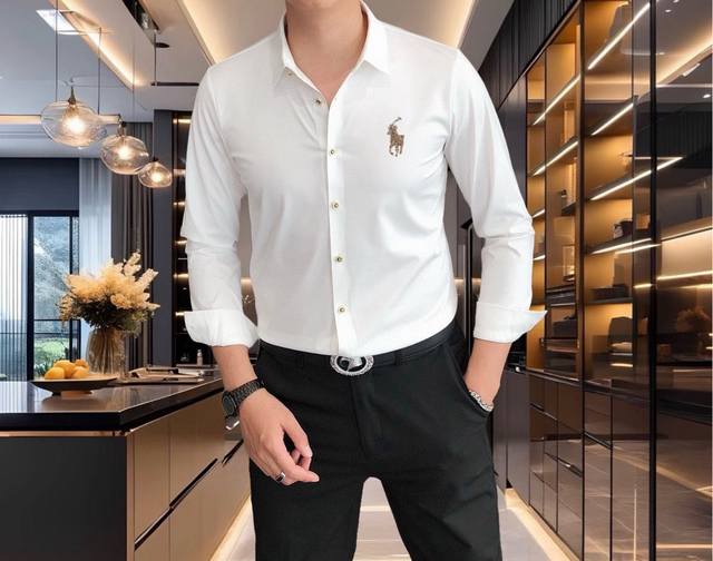Polo 保罗2025新款男士原单休闲长袖衬衫 官网同步发售 简洁时尚百搭 高端品质无缝切割包边 胸前烫印Logo图案设计 定制进口锦氨天丝棉面料 弹力大 不起