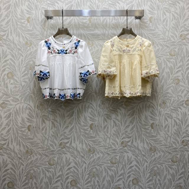 Va★ Fw 重工定位绣花打条设计荷叶袖上衣，高级面料，颜色:图片2色，面料：亚麻面料 Smlxl .