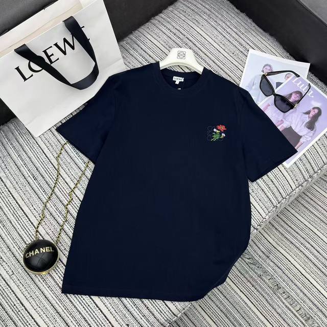 强烈推荐 25年春夏系列 Loe*新款刺绣花朵Logo圆领短袖T恤 Sml .