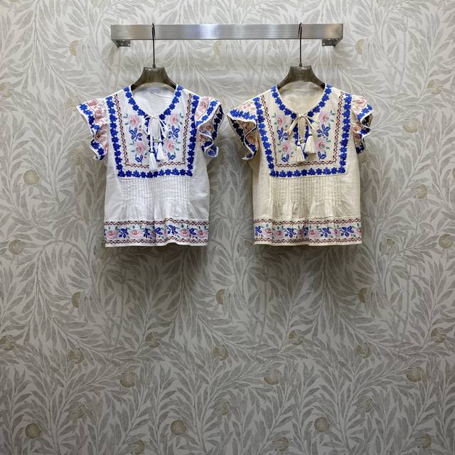 Di★ Fw 重工定位绣花打条设计飞袖减龄上衣，高级面料，颜色:图片2色，面料：刺绣亚麻面料 Smlxl