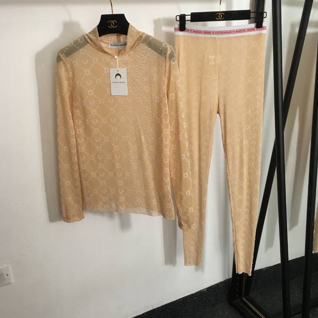 款号 3051 Marine Serr*新款套装，月亮植绒网纱半高领长袖透视打底衫上衣+修身显瘦打底裤，浅色，棕色，S-Xl， M码；肩宽37，胸围84，袖长6