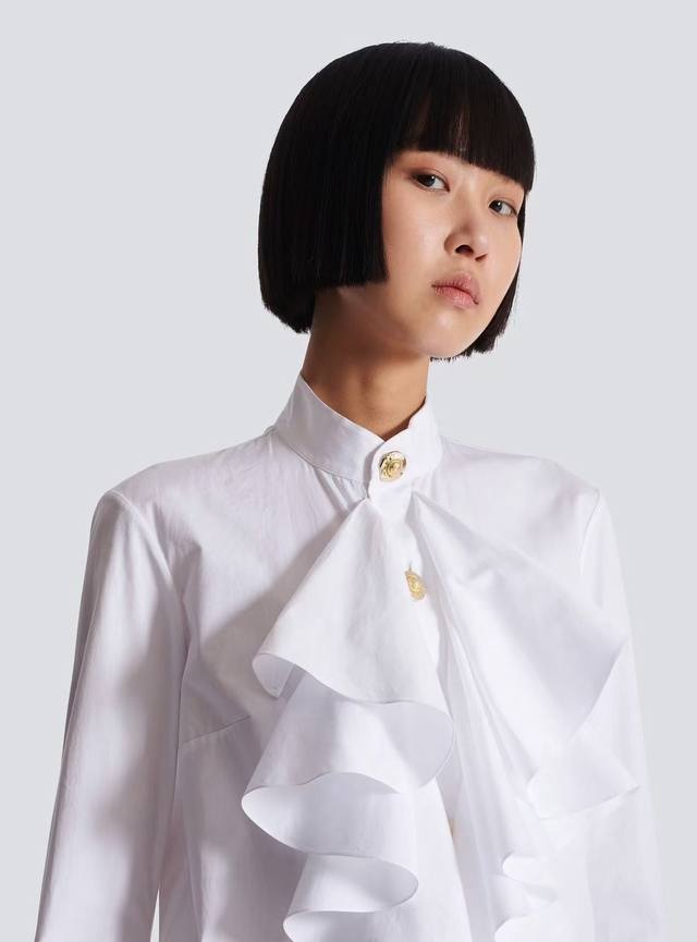 Balmai* 25Fw早秋新款 素色立体花边皱褶衬衫丨独家高版出品！斜纹全棉材质 质感垂顺舒适 正肩长袖衬衫设计 修饰身材气质恬静 精巧领扣与袖口呼应 搭配胸