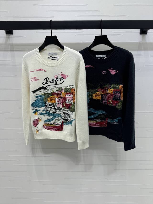 上新原单高端品质 Dio* 2025早秋最新系列！城市限定系列 刺绣套头长袖毛衣！定制羊毛纱线织造 质感高级 舒适柔软 圆领长袖毛衣剪裁 常规弹力版型 领口袖口