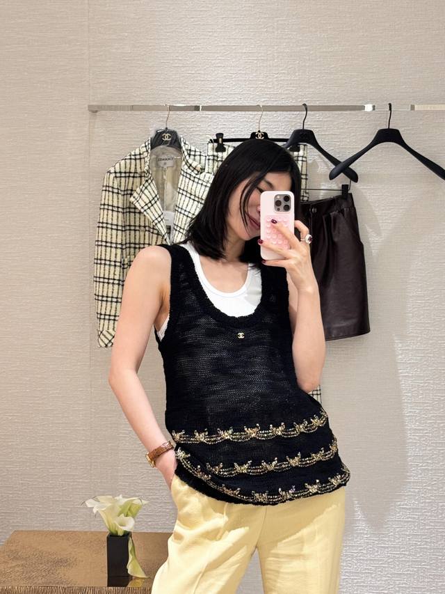 Chane* 25A高级手工坊新款 白月光雪花棉亚麻针织U领背心丨独家Yb开发！高版出品！百搭神器！气质减龄又时髦！金线勾勒设计瑞士机织工艺进口纯棉纱线质感细腻