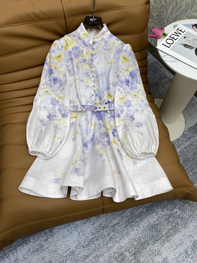 Zm★ Fw 重工数码定位印花精致小立领灯笼袖设计短款减龄连衣裙 ， 定制腰带 高级面料，颜色:图片色，面料：数码印花亚麻面料 Smlxl