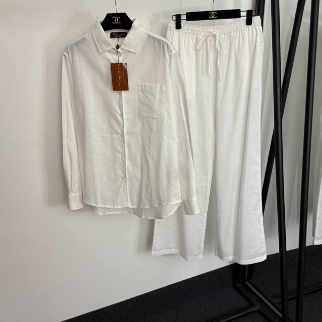 款号20254093 Loro Piana*Lp新款亚麻套装，侧边Logo贴布纯色简约单口袋长袖衬衣+松紧腰阔腿长裤，白色，桃粉色，绿色，浅粉色，卡其色，深蓝色