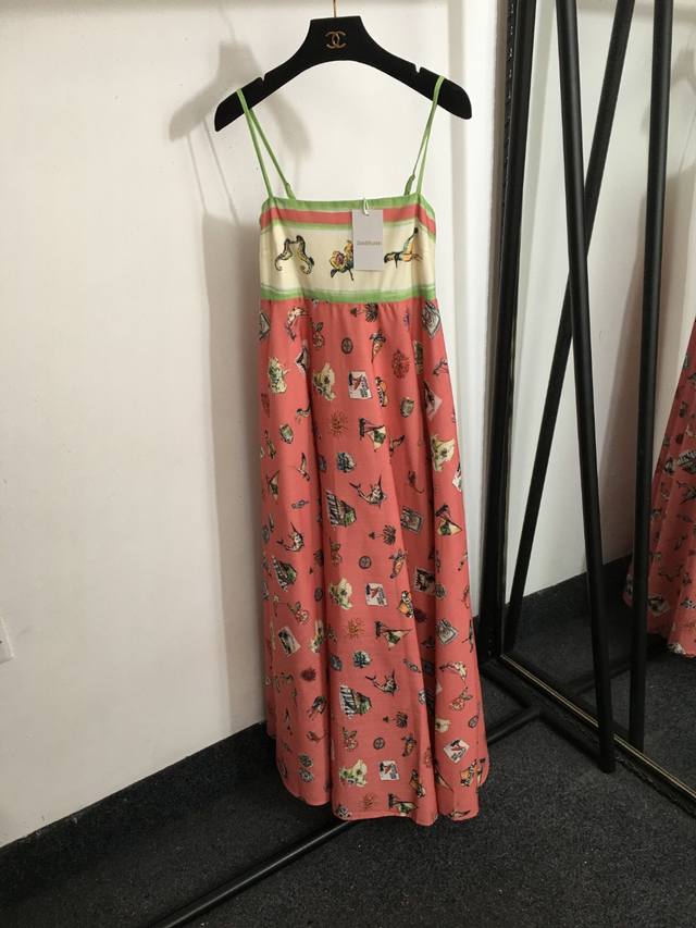 款号 7394 Zimmermann新款 飞鸟花朵海马印花 清凉度假吊带连衣裙，粉红色，S-Xl， M码；胸围70弹力，腰围66弹力，总长118 .