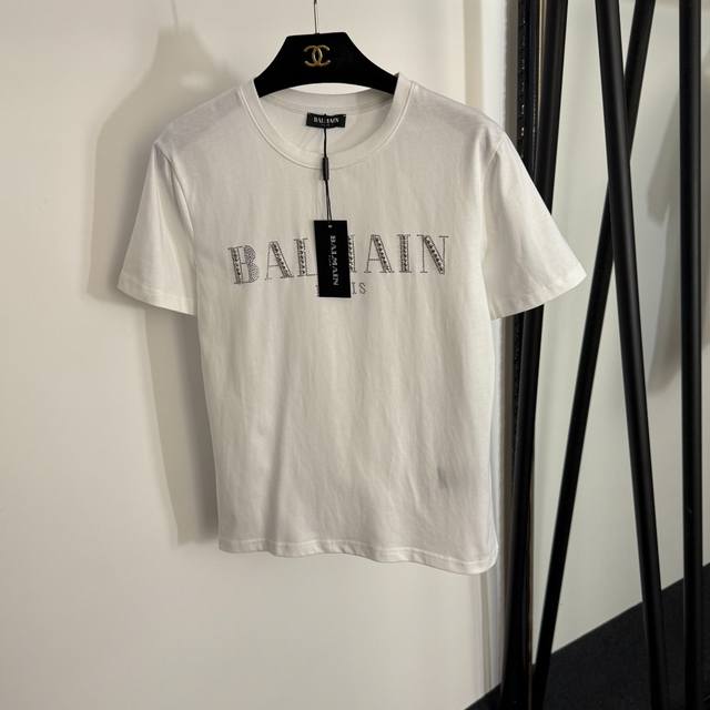 款号20254033 Balmai*新款 闪耀烫钻Logo字母短袖T恤，白色，黑色，Sml， S码；肩宽40，胸围88，袖长18，长60