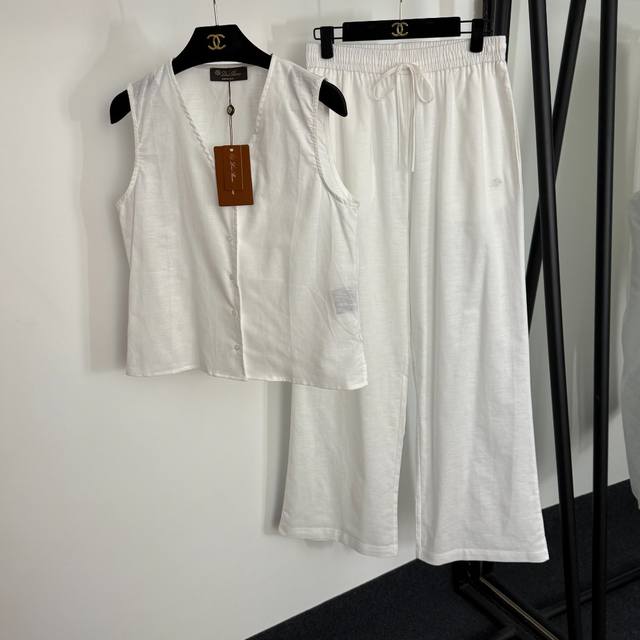 款号20253954 Loro Piana*Lp新款亚麻套装，V领背心马甲+松紧高腰阔腿长裤，白色，粉色，蓝色，红色，杏色，S-Xl， M码；胸围90，长52；