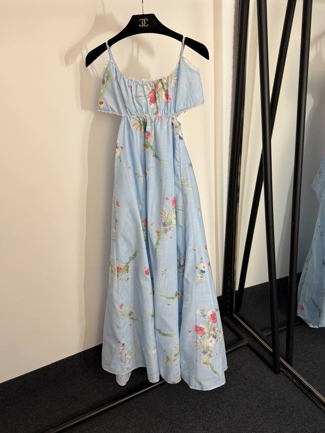 款号20254007 Zimmermann新款 彩色花朵印花 后背蝴蝶结露背吊带露腰连衣裙 长裙，蓝色，S-Xl， M码；胸围92，腰围88，长122