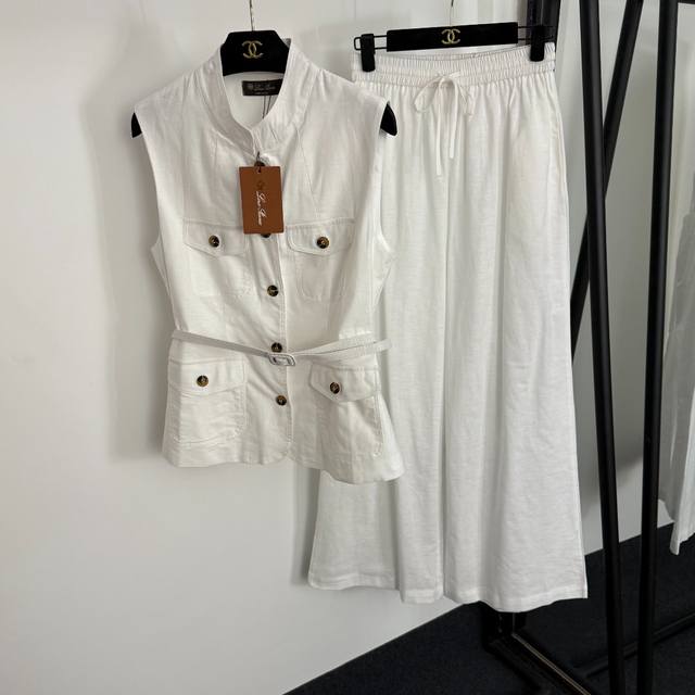 款号20254002 Loro Piana*Lp新款亚麻套装，老钱风多口袋立领马甲外套+松紧腰阔腿长裤，配腰带，白色，红色，杏色，S-Xl， M码；胸围94，长